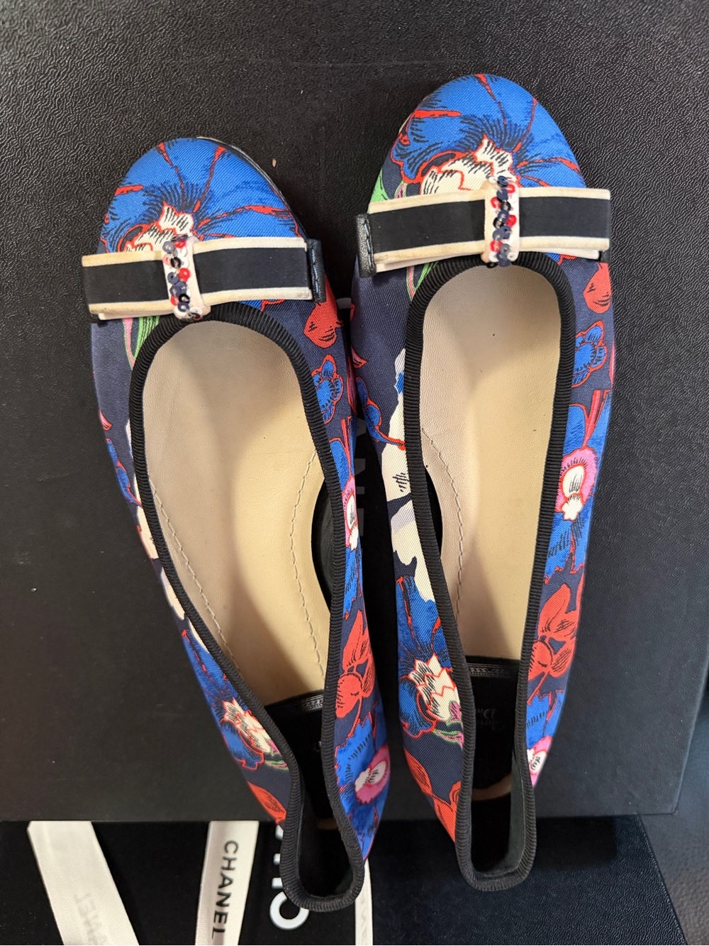 Dior Floral Navy and Red Ballet Flats with Bow Accent